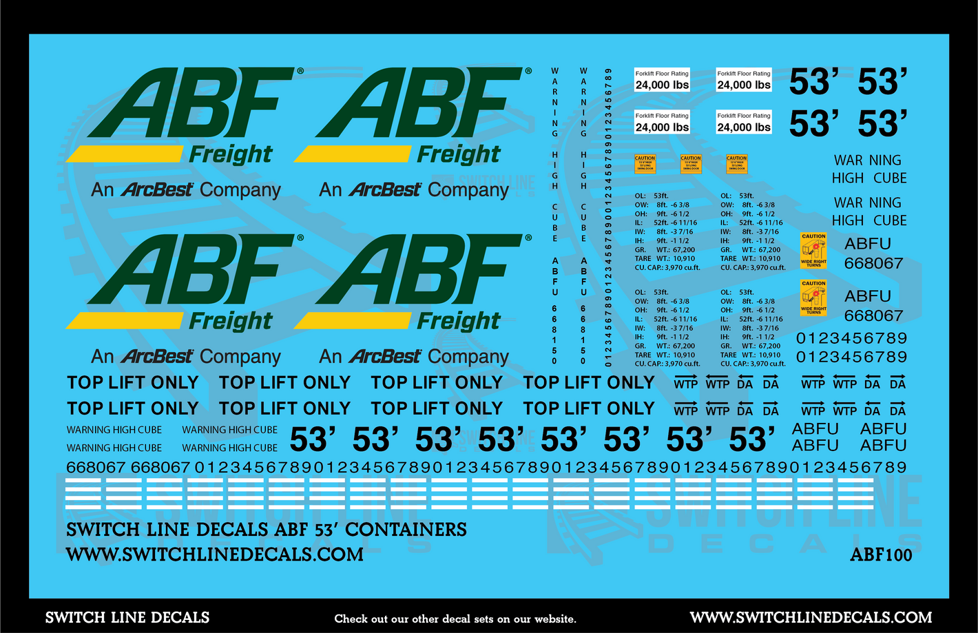 HO Scale Modern ABF Freight 53' Containers Decal Set