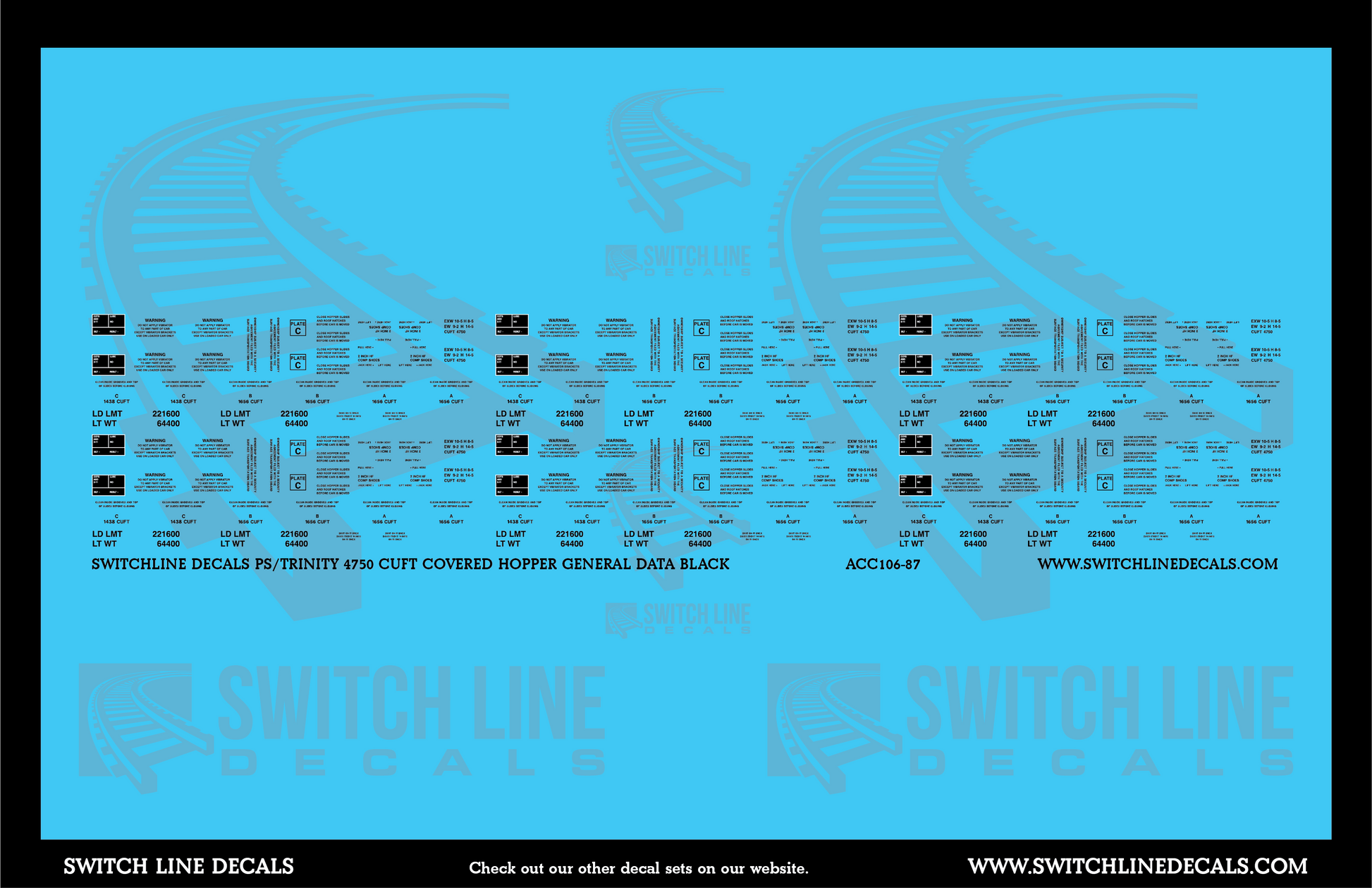 HO Scale PS/Trinity 4750 CuFt Covered Hopper Black General Data Decal Set