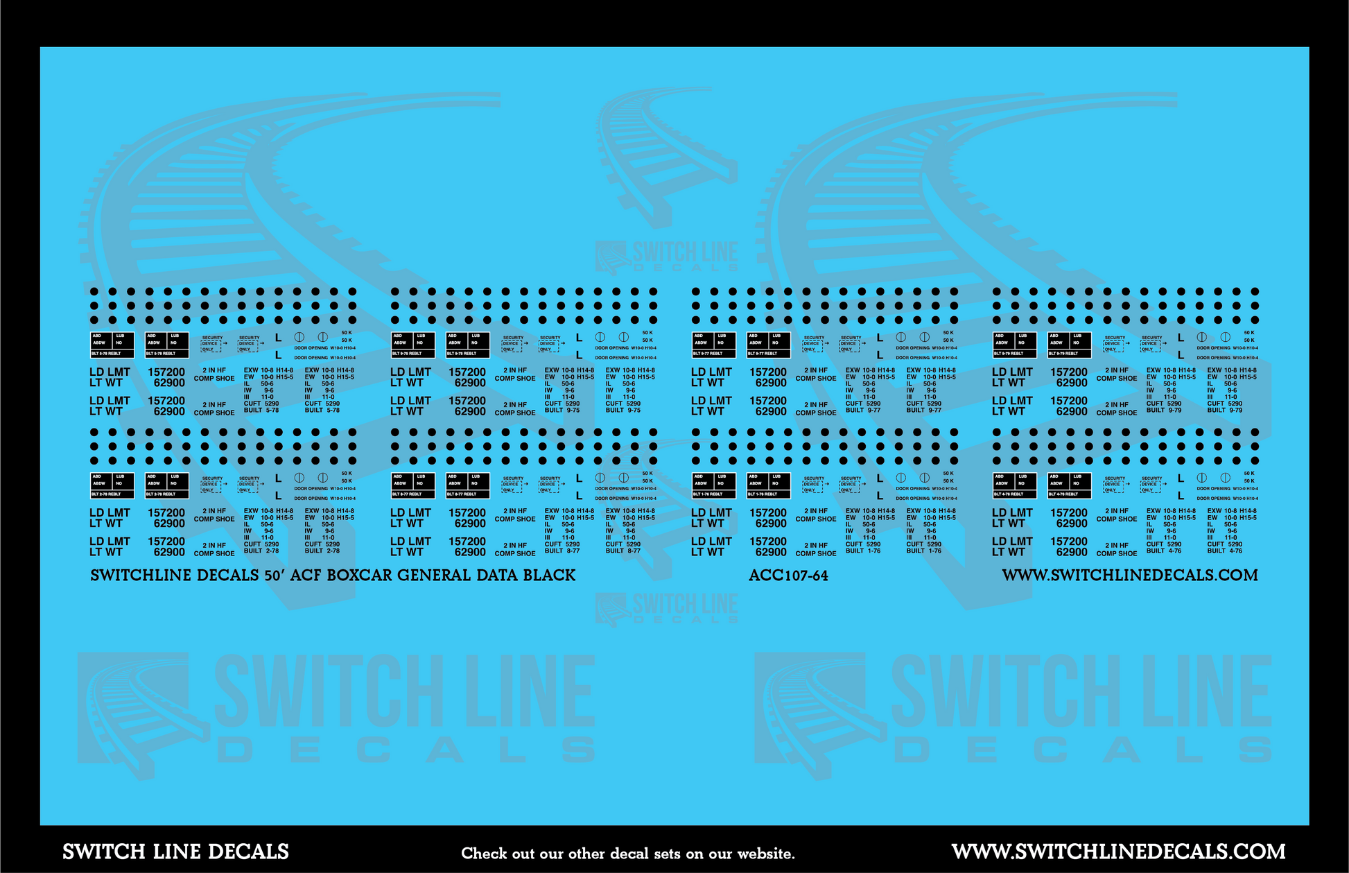 S Scale 50' ACF Boxcar Black General Data Decal Set - Switchline Decals
