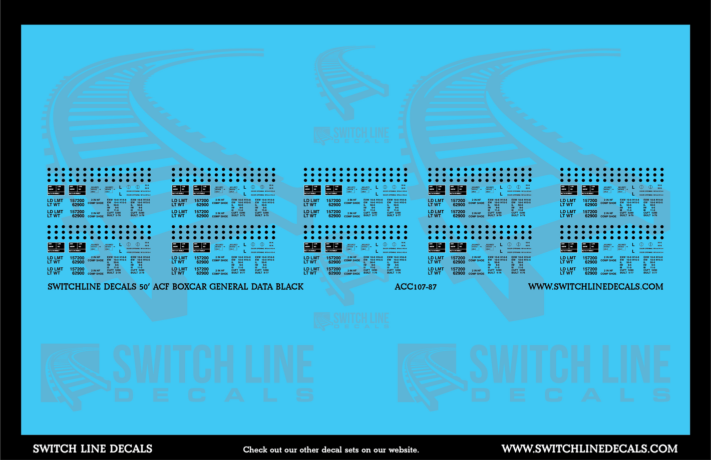 HO Scale 50' ACF Boxcar Black General Data Decal Set - Switchline Decals