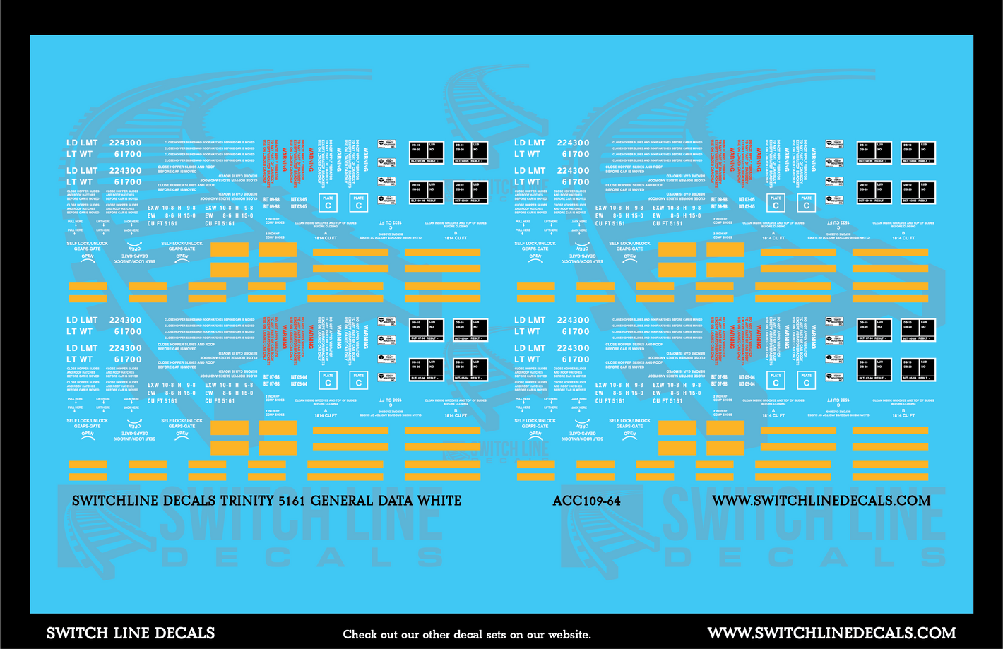 S Scale Trinity 5161 CuFt Covered Hopper White General Data Decal Set - Switchline Decals