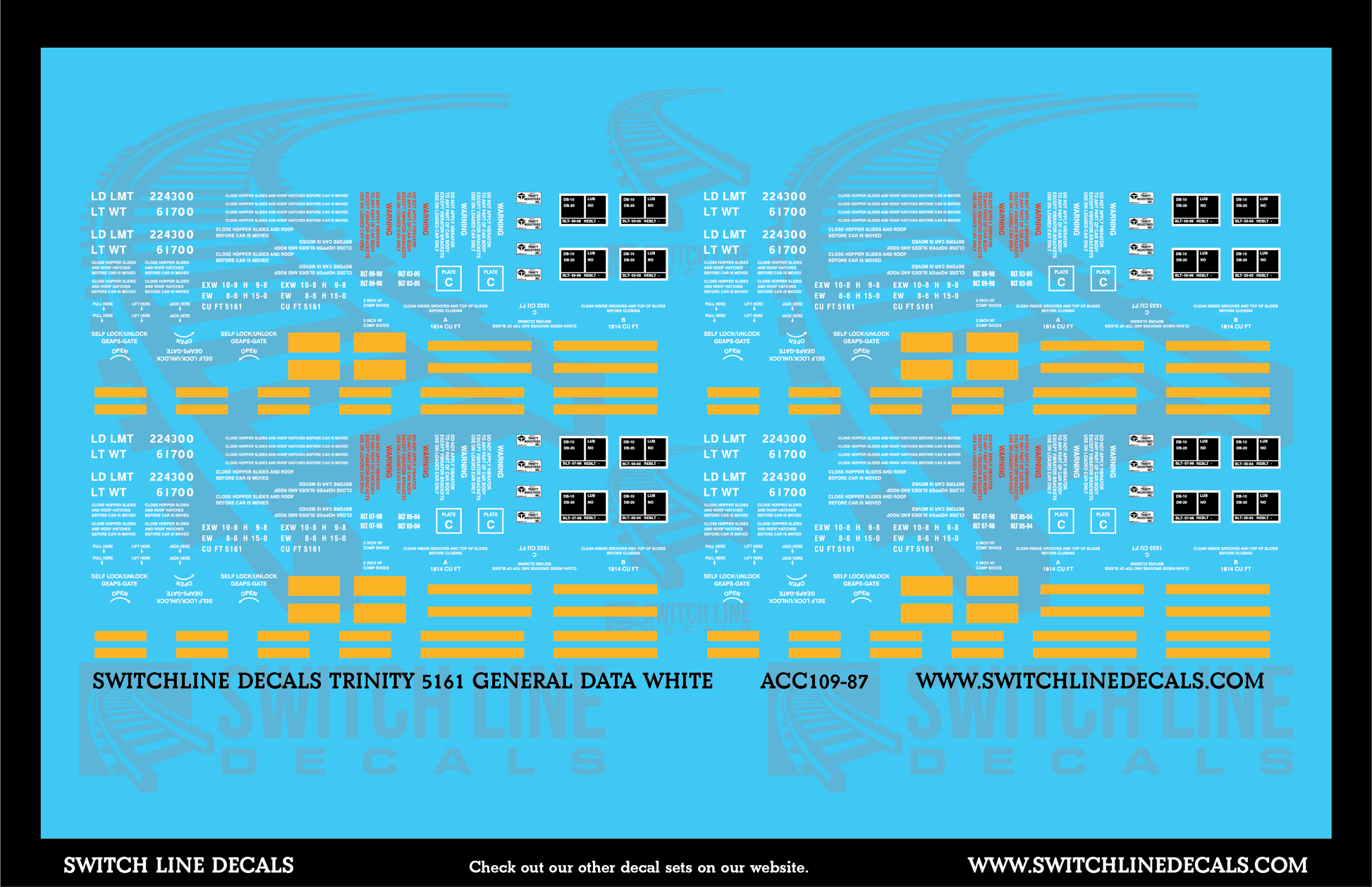 HO Scale Trinity 5161 CuFt Covered Hopper White General Data Decal Set - Switchline Decals