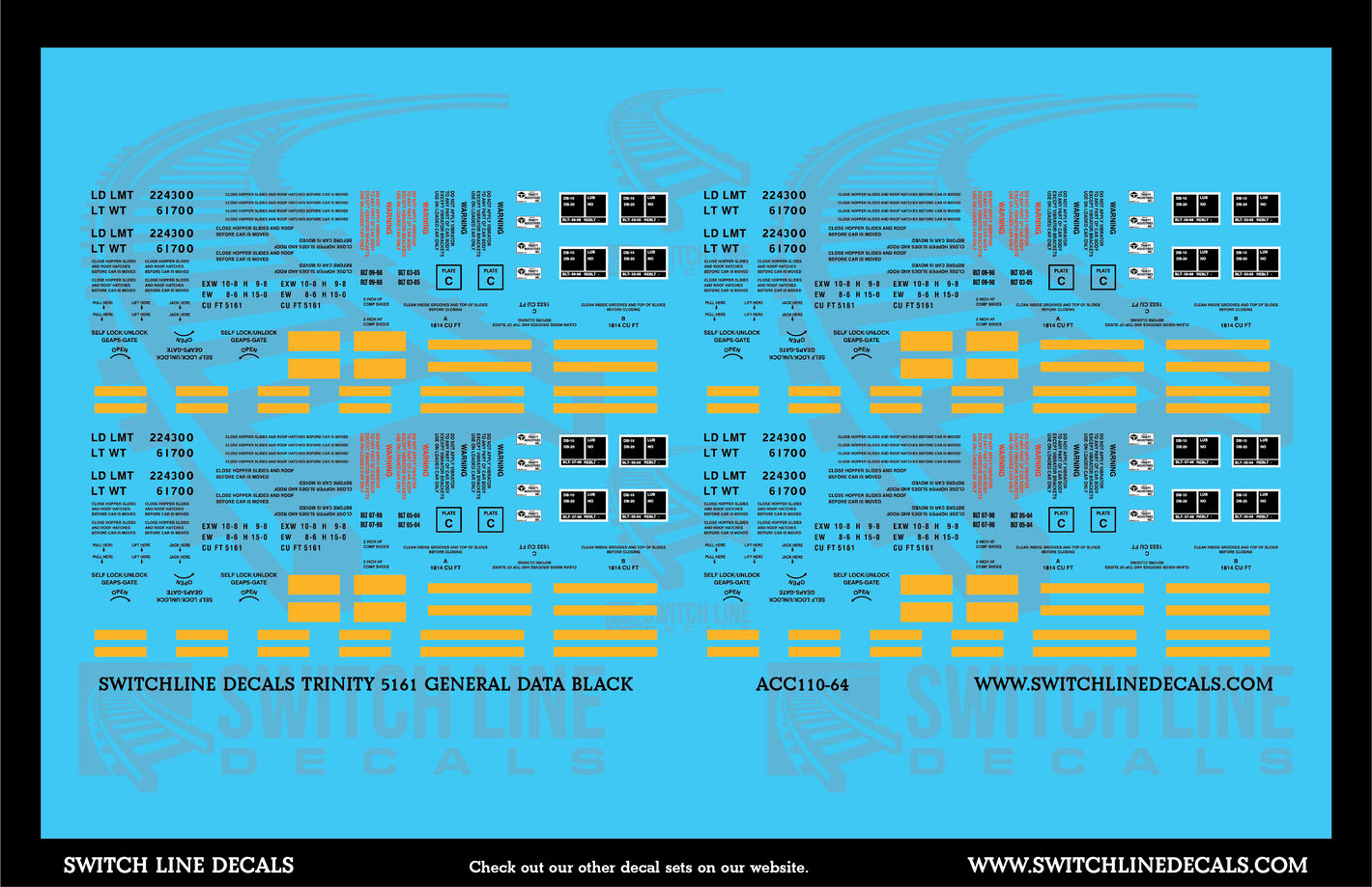 S Scale Trinity 5161 CuFt Covered Hopper Black General Data Decal Set - Switchline Decals
