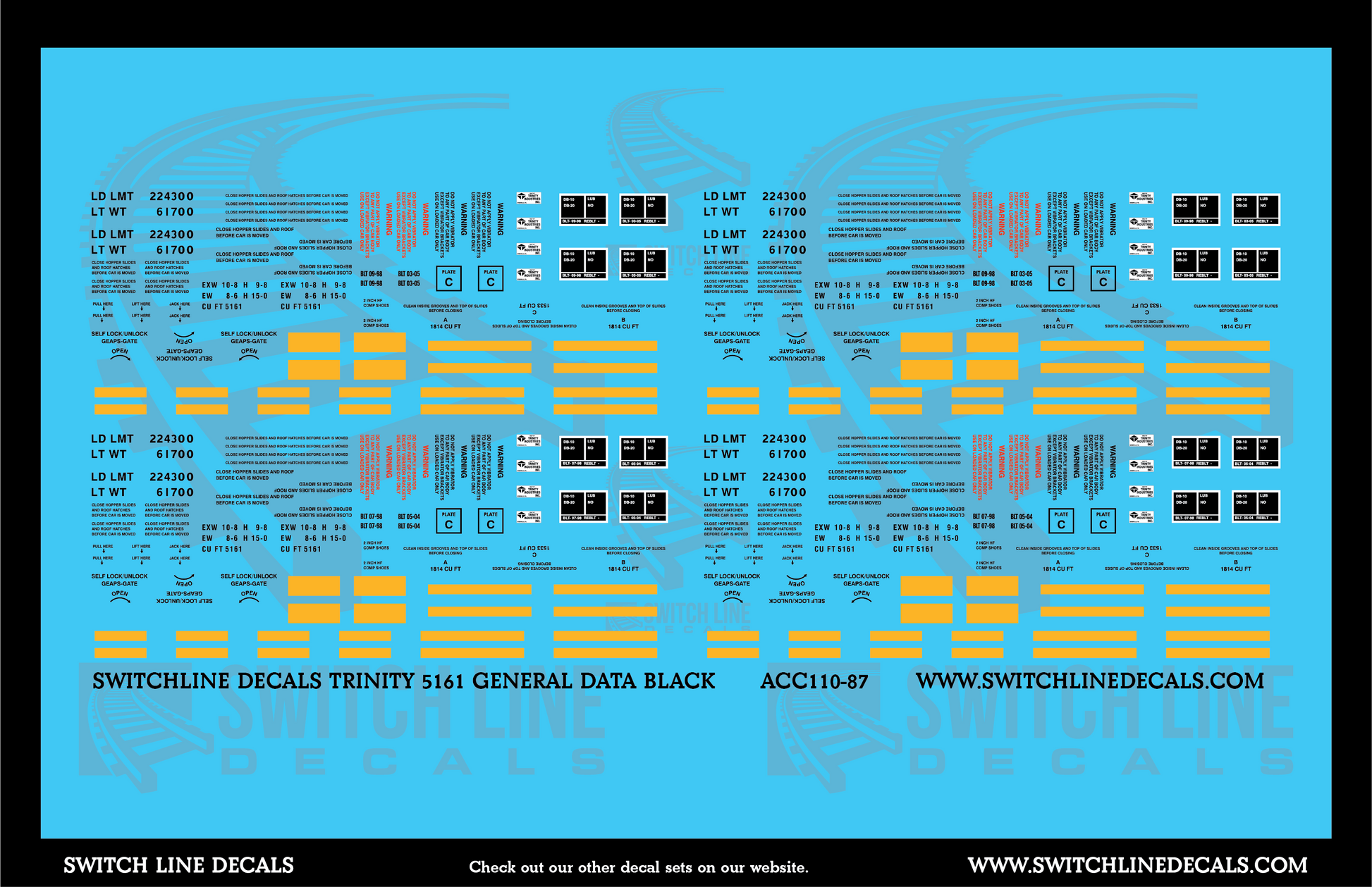 HO Scale Trinity 5161 CuFt Covered Hopper Black General Data Decal Set - Switchline Decals