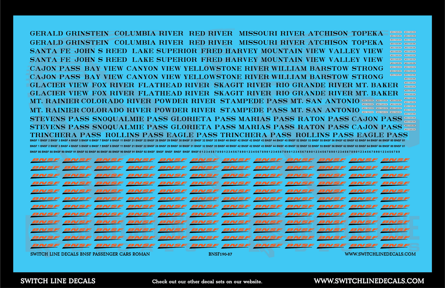 HO Scale BNSF Passenger Cars Roman Decal Set