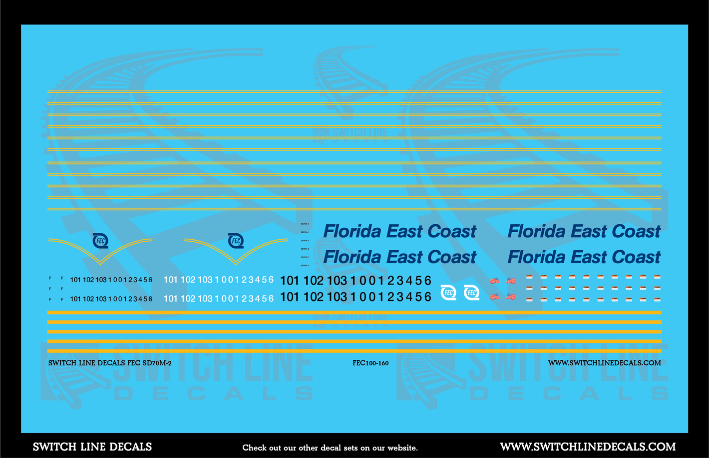 N Scale Florida East Coast Blue and Yellow Scheme SD70M-2 Locomotive Decal Set