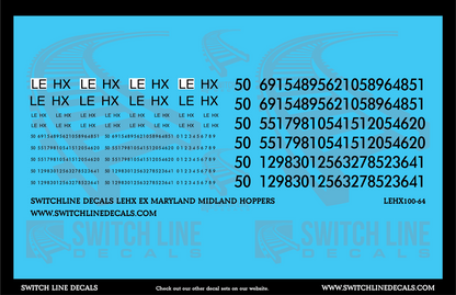 S Scale LEHX Ex Maryland Midland 2 Bay Covered Hopper Patches Decal Set - Switchline Decals
