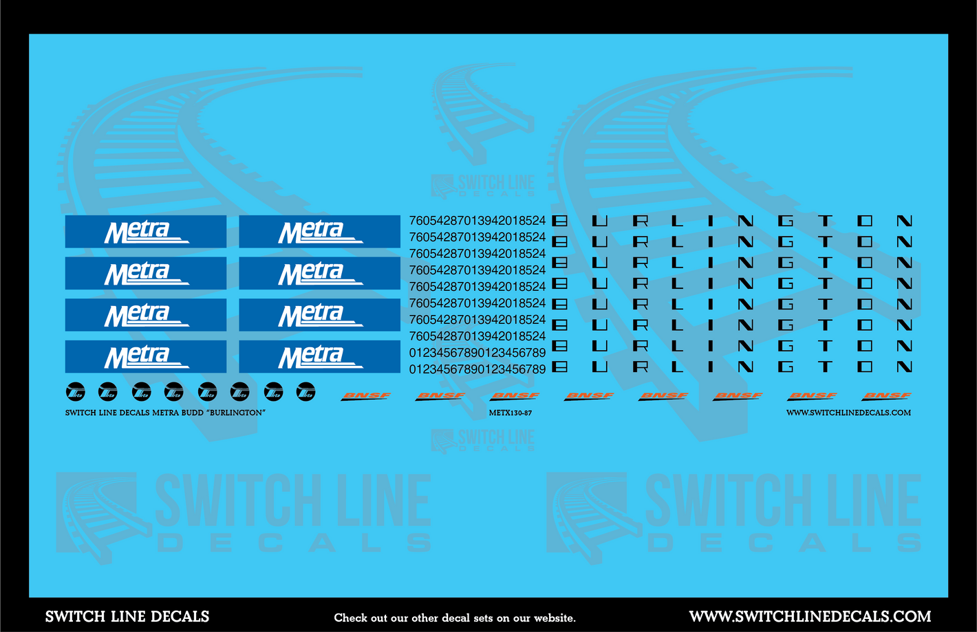 HO Scale Metra Budd "Burlington" Passenger Car Decal Set
