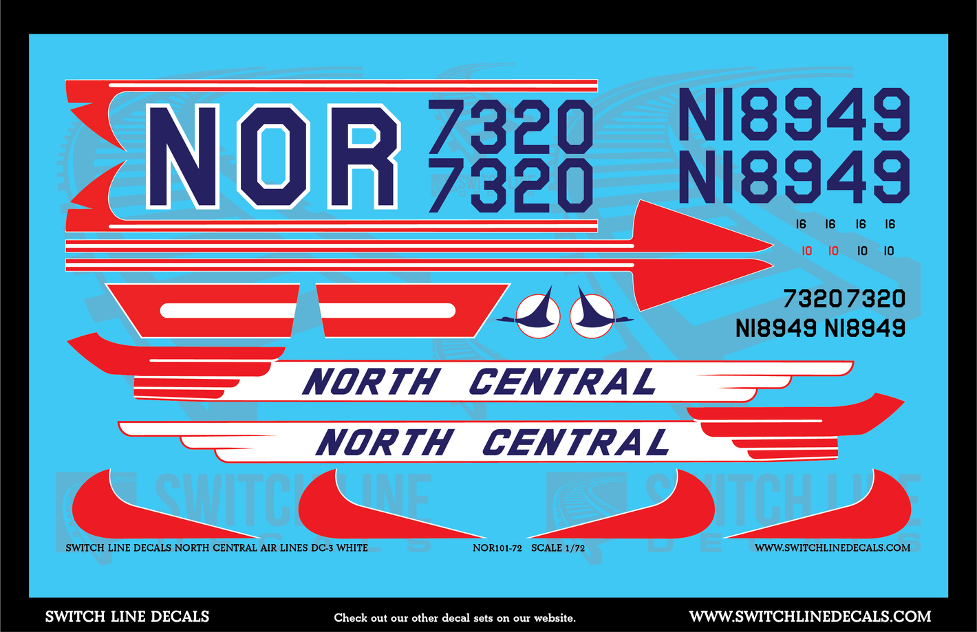 1:72 North Central Airlines DC-3 Airplane Decal Set With White Fill