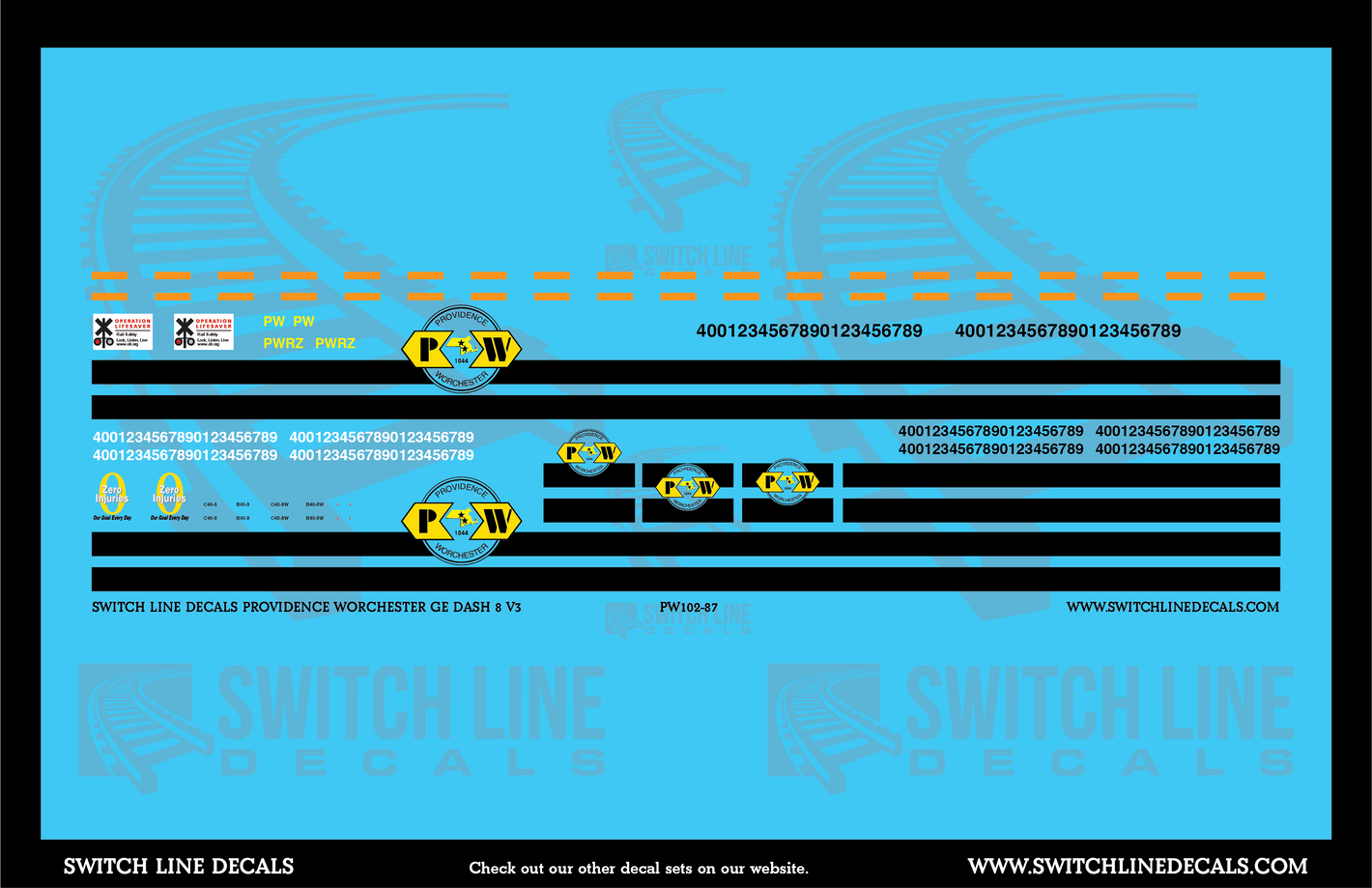 HO Scale Providence & Worchester GE Dash 8 V3 Locomotive Decal Set